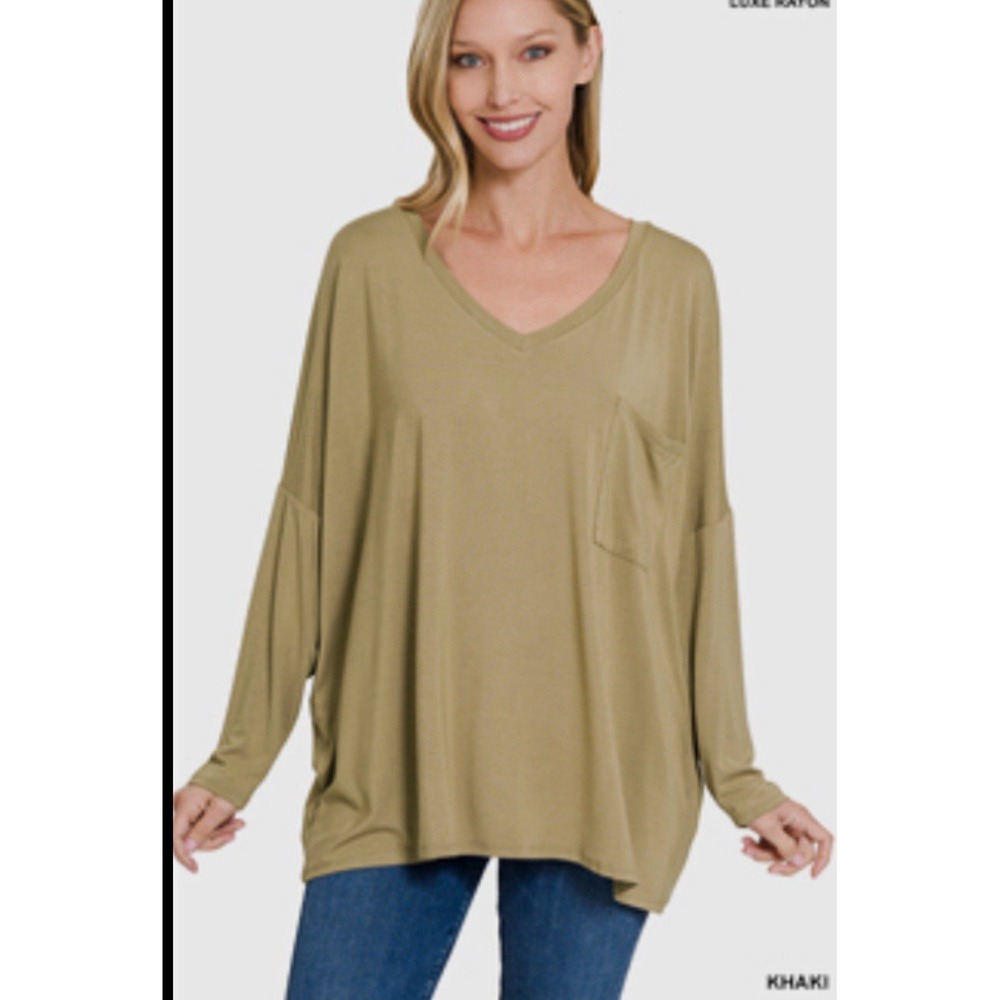 Zenana Outfitters Women's Khaki Solid V-Neck Long Sleeve Pocket T-Shirt XL